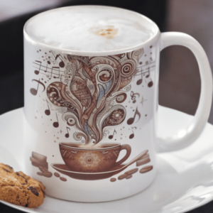 Artistic music coffee mug with swirling notes rising from a coffee cup, ceramic white 11 oz design for creatives