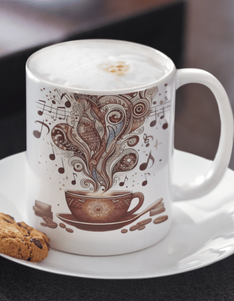 Artistic music coffee mug with swirling notes rising from a coffee cup, ceramic white 11 oz design for creatives