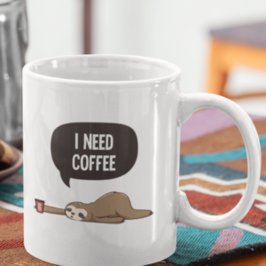 Funny sloth coffee mug with “I Need Coffee” speech bubble, ceramic 11 oz white mug for caffeine lovers