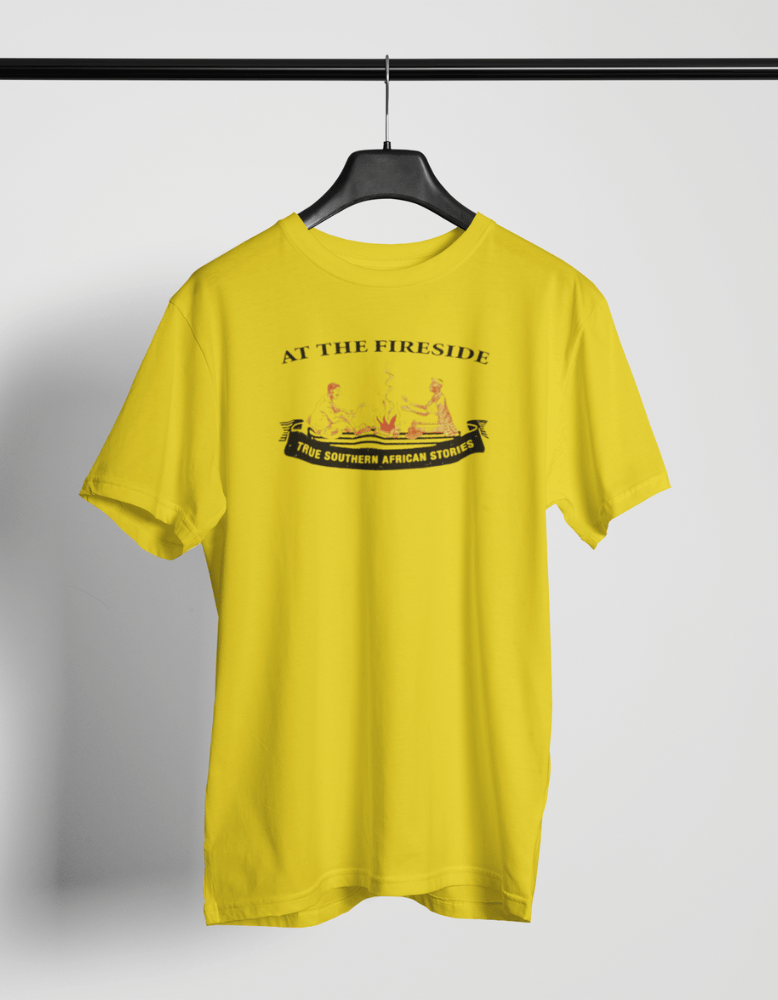Yellow t-shirt with 'At The Fireside' and Southern African storytelling design