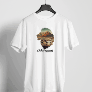 White t-shirt with Cape Town and Table Mountain inside lion silhouette
