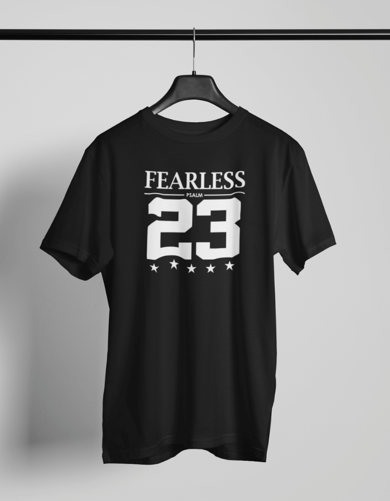Black Christian t-shirt with Fearless and Psalm 23 jersey design