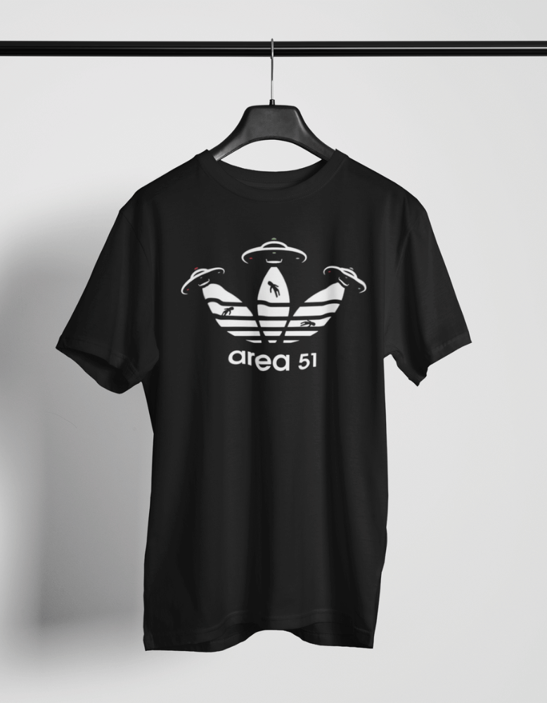Black t-shirt with alien UFO and Area 51 parody of Adidas logo