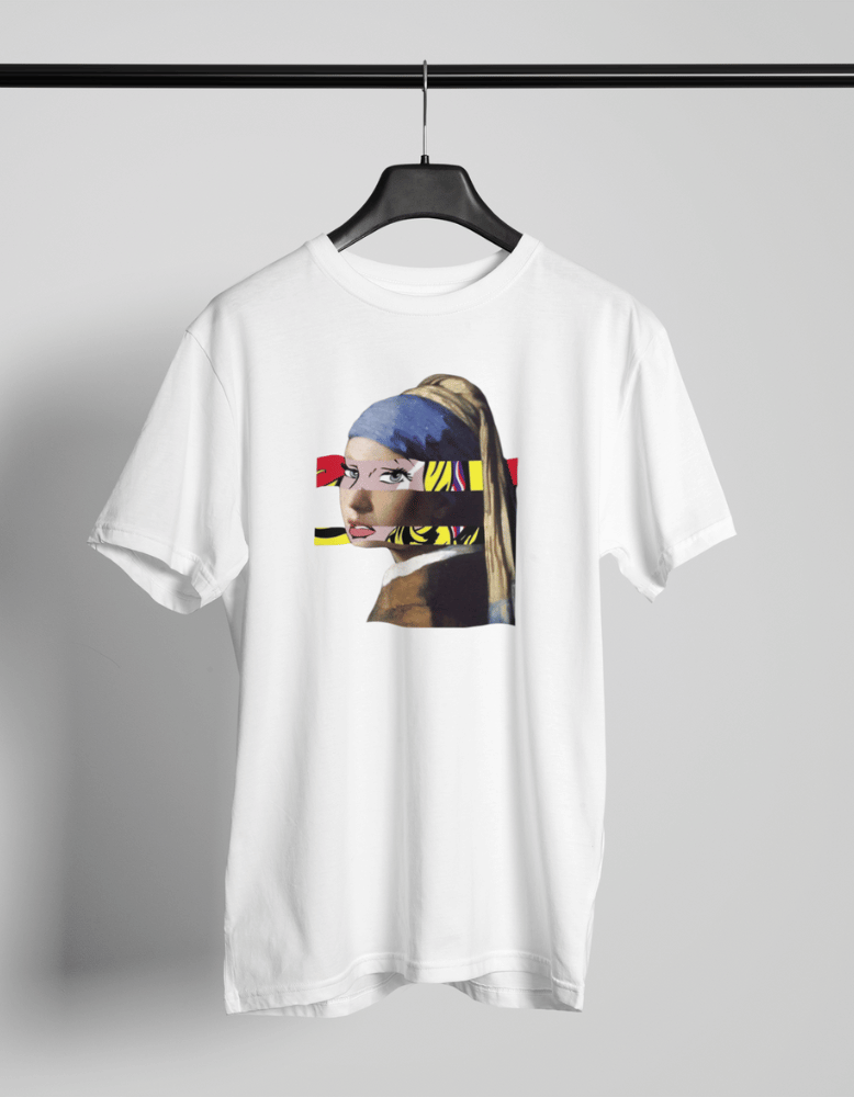 White t-shirt with pop art remix of Girl with a Pearl Earring in bold color stripes