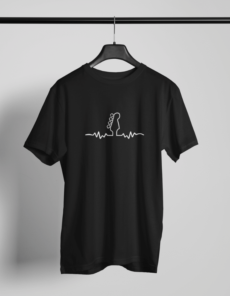 Black t-shirt with minimalist heartbeat line forming a guitar silhouette in white