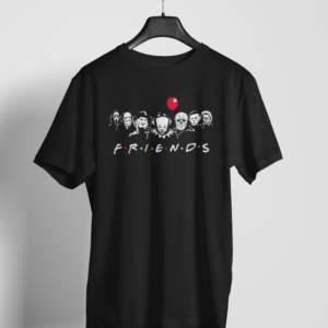 Horror Friends T-Shirt with Scary Movie Characters in Friends Parody Design – Black Tee