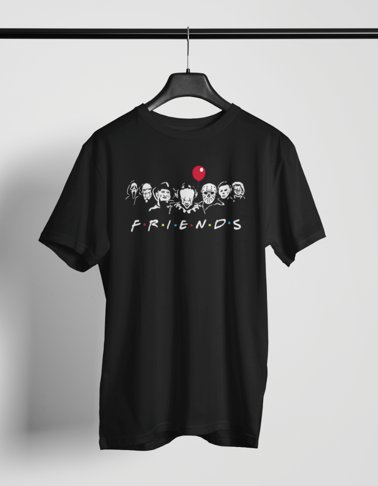 Horror Friends T-Shirt with Scary Movie Characters in Friends Parody Design – Black Tee