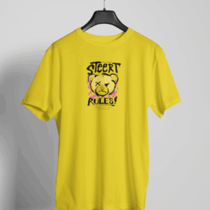 Yellow t-shirt with graffiti-style bear and Street Rules graphic in black and pink