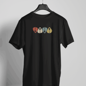 Black t-shirt with four vintage guitar picks in retro colors featuring guitar silhouettes