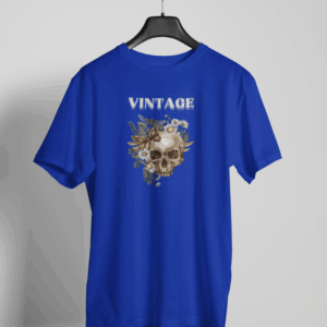 Blue t-shirt with vintage skull surrounded by flowers and the word VINTAGE above