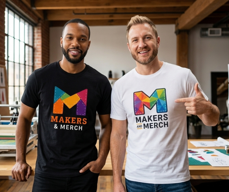 guys wearing a custom made t shirt with a vibrant colorful design that was custom printed by Makers & Merch for Custom t shirt printing in South Africa